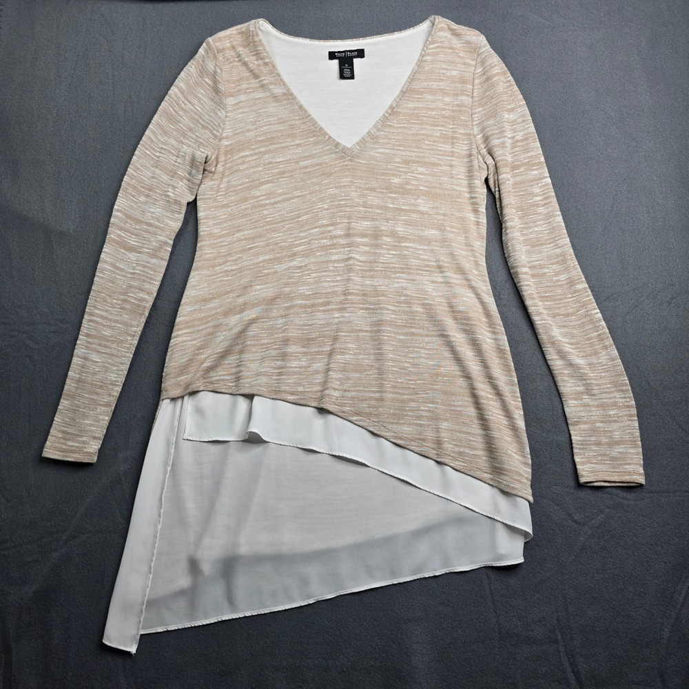 White House Black Market Tunic Top waterfall Beige Long Sleeve V Neck Layered‎ M